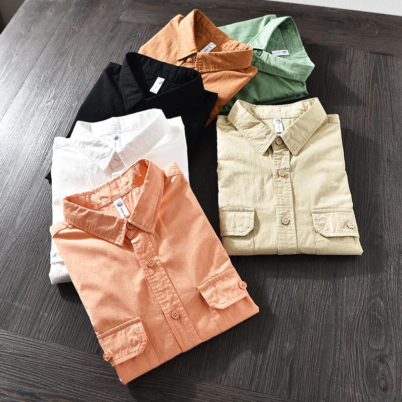 Japanese Simple Cotton Casual Shirt Men Long Sleeve Loose Double Pocket Cargo Shirt Spring Coat