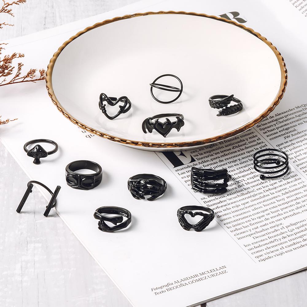 Zwemmende zwarte vleermuis ring, modieuze liefde, paddenstoel, palmbron, 12-delige ringenset voor dames