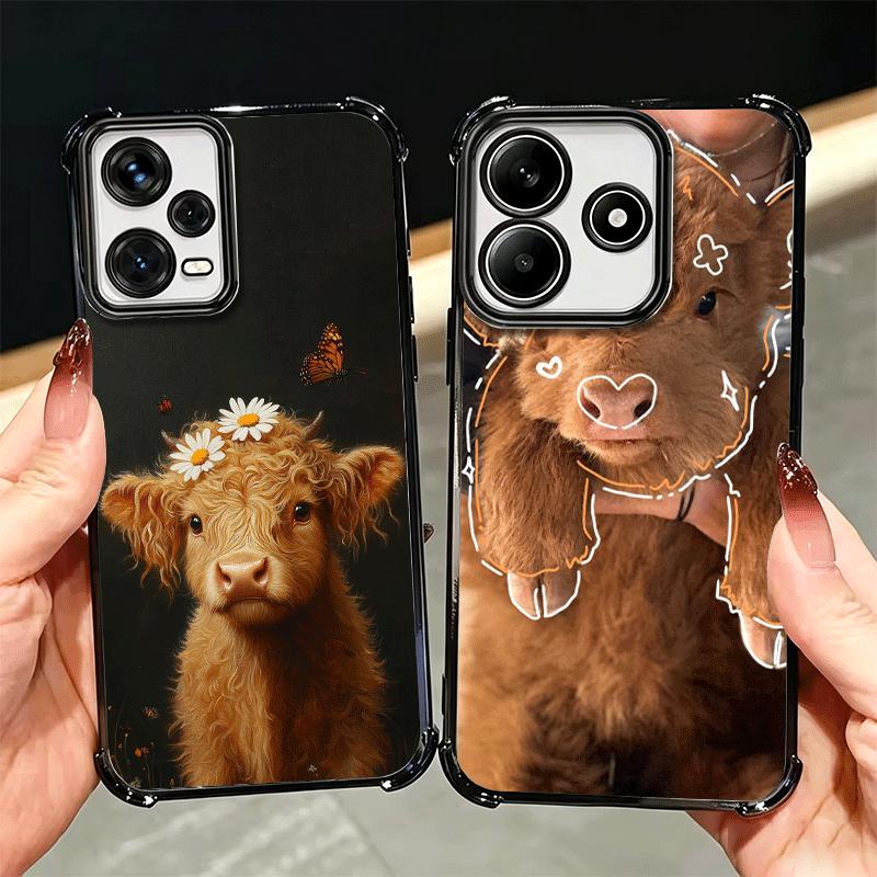 Cute Highland Cow Plating Phone Case For Xiaomi Redmi Note 14 15 Pro Plus 13 12 11 11S 11T 10 9S 9 5G Anti-Fall Airabag Cover