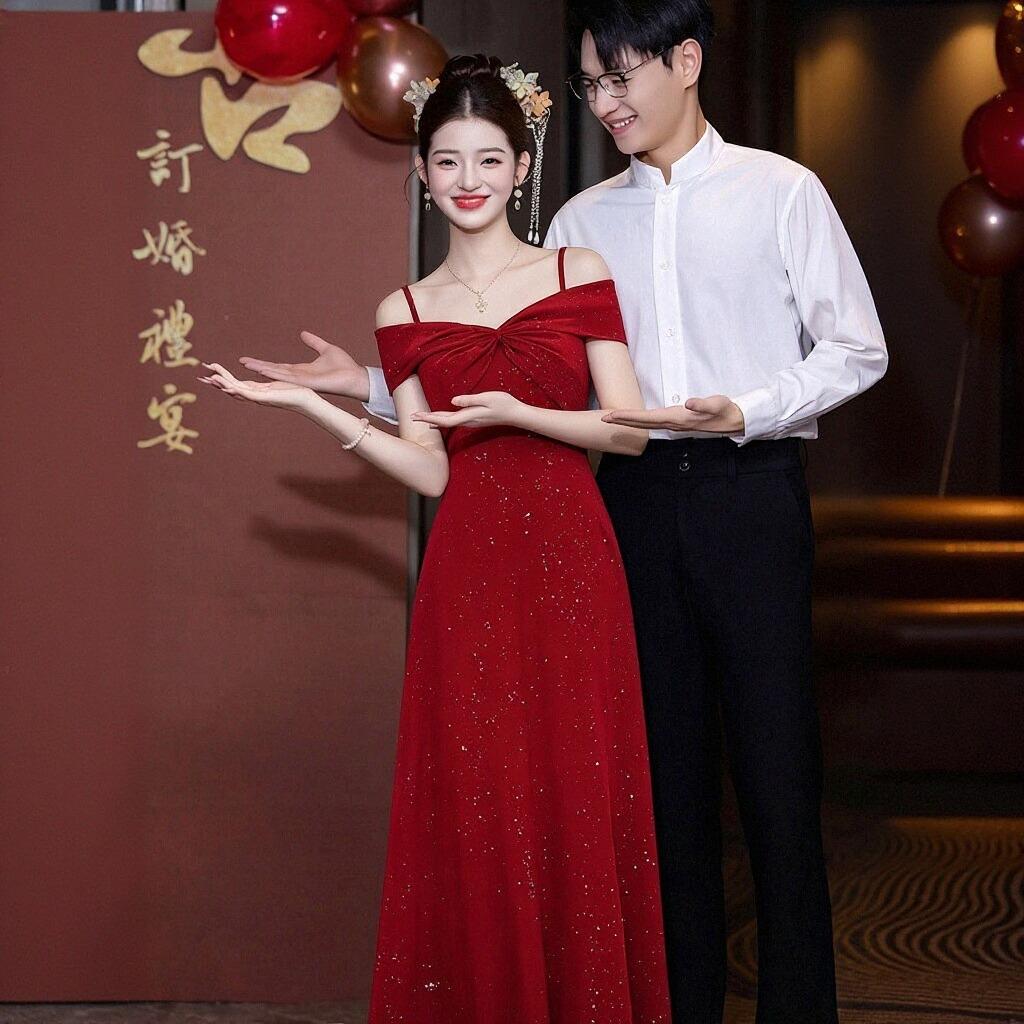 Suspender Shoulder Flash Red Toast Dress Long Bridal Engagement Dress Return Banquet Party Waist Skinny Dress
