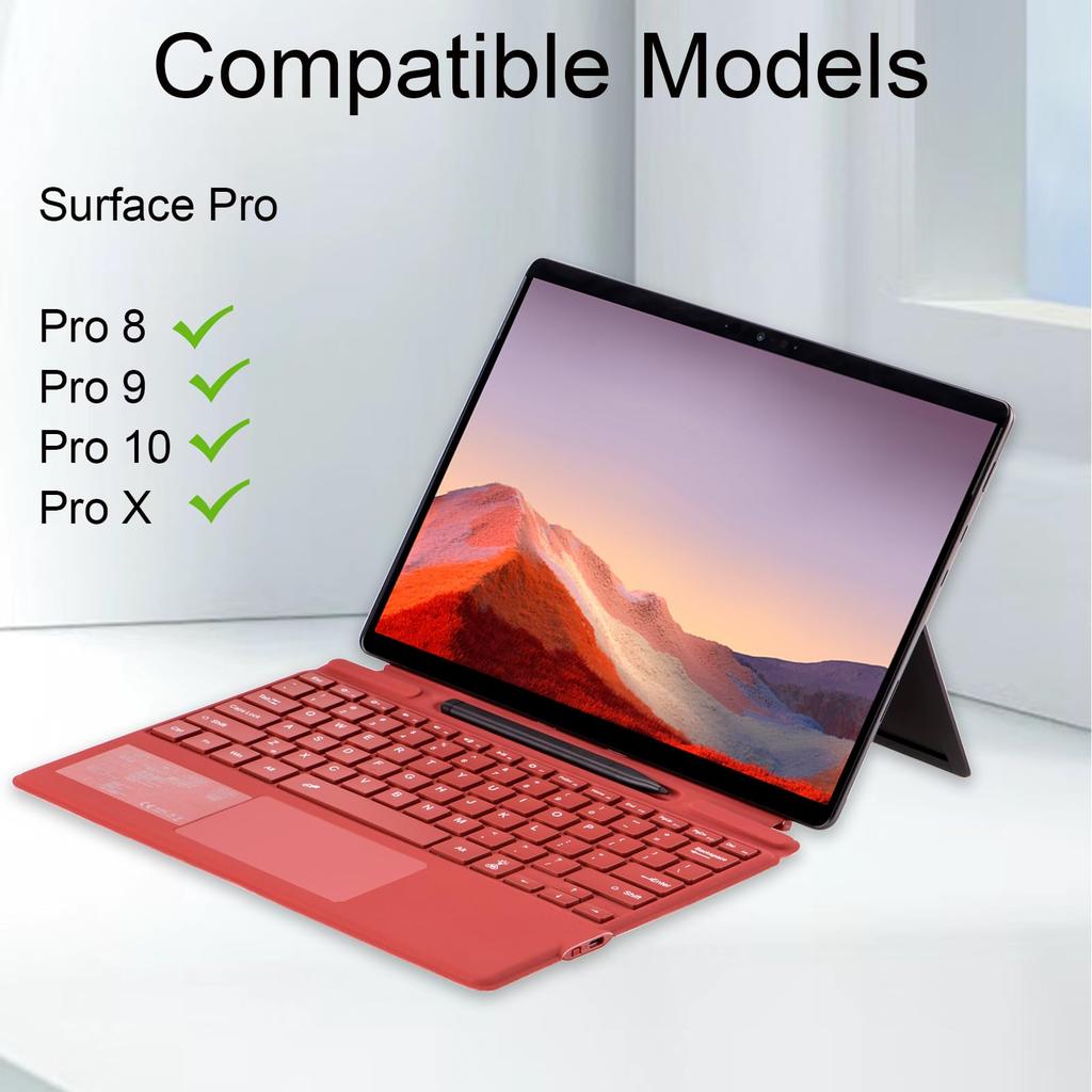 Type Cover for Microsoft Surface Pro or Portable Slim Wireless Keyboard with Touchpad Tablet Keyboard 8, 9, 10, X, (Poppy Red, Backlight)