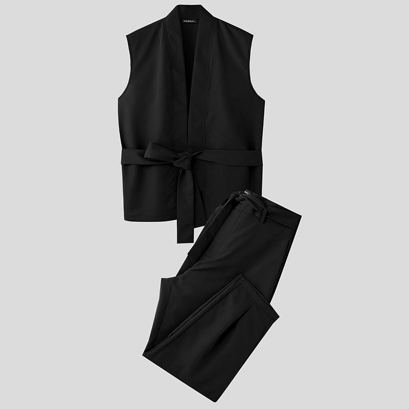 INCERUN 2PC Men Sleeveless Bandage Tank Tops and Long Casual Pants Two Pieces Sets