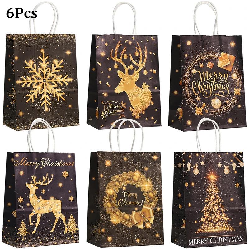 6/12Pcs Gold Black Kraft Gift Bags with Handle Elk Snowflake Christmas Tree Bronzing Paper Bag Merry Christmas Party Favors Bag