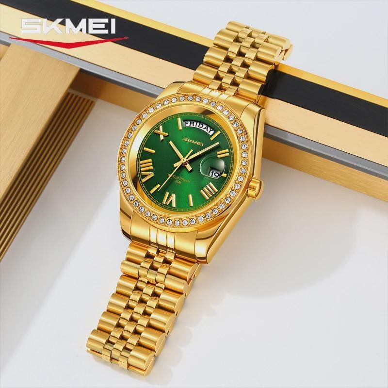 Mens Analog Quartz Watch Diamond Encrusted Bezel Day & Date Display Waterproof Stainless Steel Band
