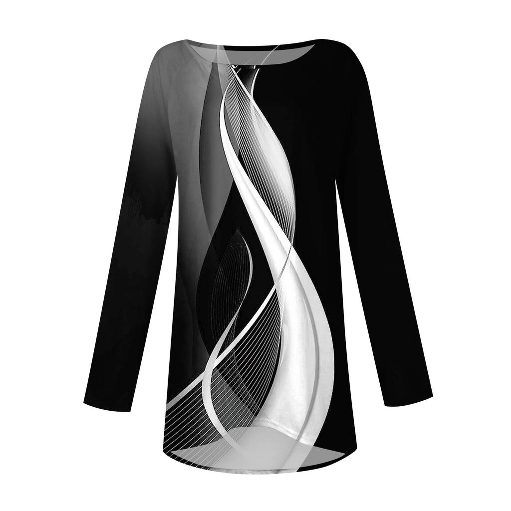 Women's Fashion Casual Long Sleeve  Print Round Neck Pullover Top Blouse