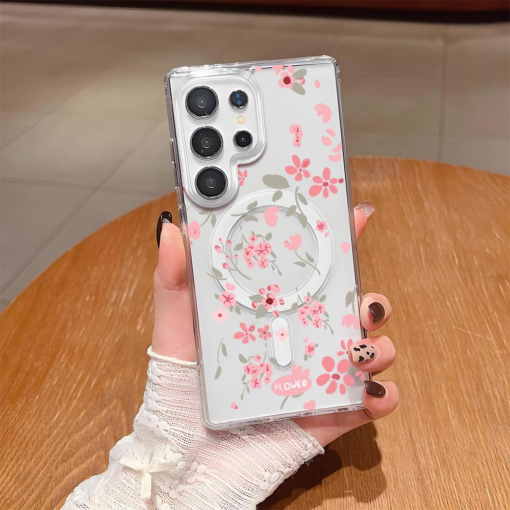 Shrimp Skin Explosion Samsung Transparent Magnetic Mobile Phone Case S25Ultra Pink Flower Mobile Phone Case S22 + Hard Case