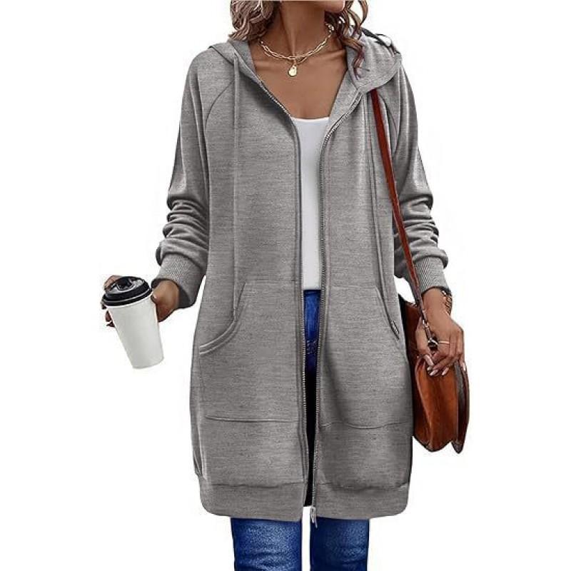 Womens Oversized Long Hooded Zip-Up Sweatshirt Loose Fit Casual Acrylic Pullover Jacket Fall