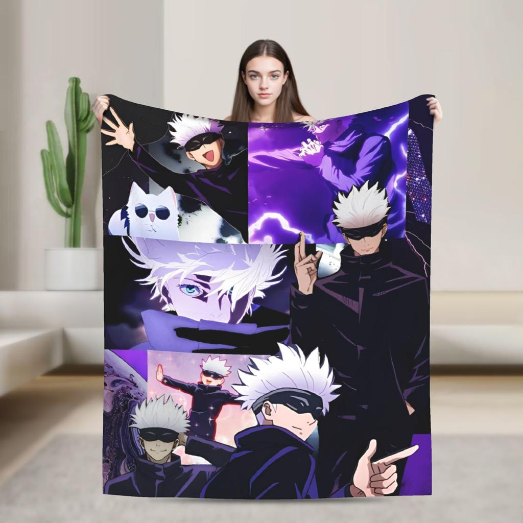 Jujutsu Kaisen Gojo Satoru Flannel Throw Blankets Anime Cool for Bedspreads Knitted Blanket Travel Lightweight Multifunction
