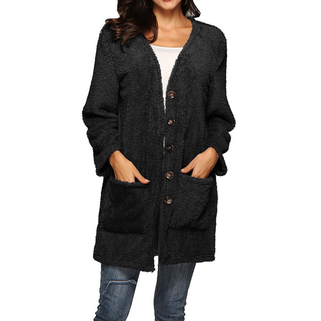 Women's  And Winter Loose Solid Color Stitching Long-sleeved V-neck Single-breasted Pockets Plush Coat