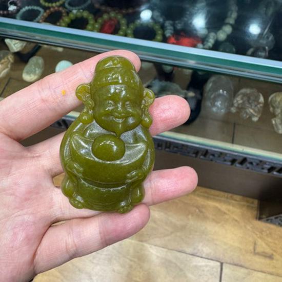 Liaoning Jade Guanyin Buddha  Pixiu Pendant in Avocado Green, Blooming Flower Wealth Amulet. Small