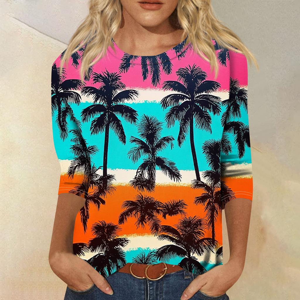 Módní vintage top s 3/4 rukávem pro ženy, dámská ležérní halenka s tříčtvrtečním rukávem a kulatým výstřihem s potiskem