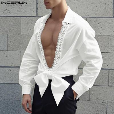 Mens Deep V Neck Lace Hem Long Sleeve Irregular Bow Knot Loose Shirts Tops
