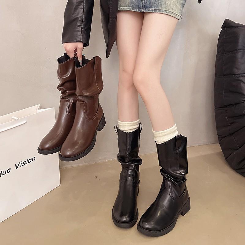 Brown Martin Boots Women's 2025 New Autumn Merard Wasteland Wind Western Boots Medium Tube Knight Pile Short Boots
