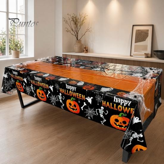 Halloween Party Decoration Happy Disposable Tablecloth, Spooky Pumpkin Ghost Skeleton Waterproof Oil-proof Tablecloth Table Cover for Kitchen