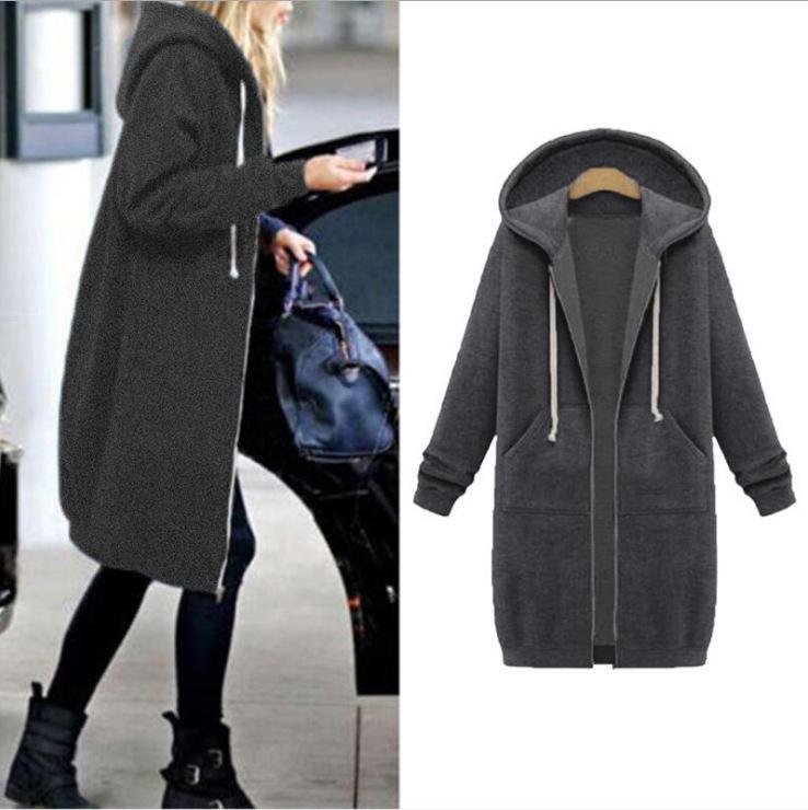 Women Plush Hooded Drawstring Women Jacket Thick Long Sleeves Zip Up Knee Length Autumn Coat Hooded Long Loose Winter Sweatshirt