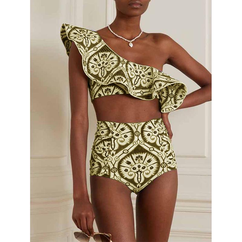 

Купальник бикини на одно плечо с оборками и принтом для женщин - Европейский и американский стиль Small зелёный