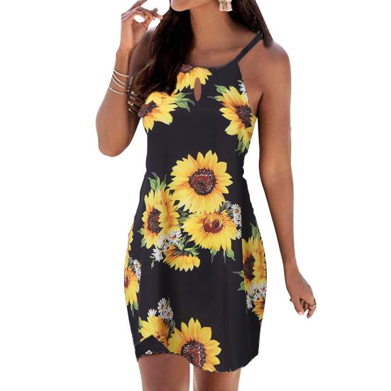 Damen Sommer Sexy Ärmellos Sonnenblume Wellenförmiges Sommerkleid Neckholder Party Strandkleid