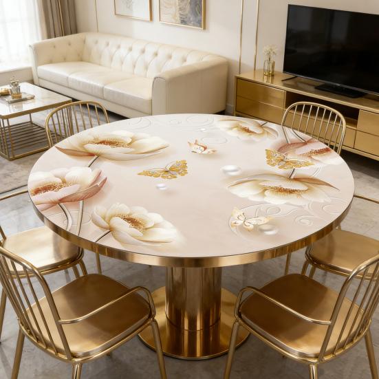 Wasserdichte Runde Tischdecke PVC Ölbeständige Tischabdeckung Blume Lotosblatt Fisch Tischdecke Tischschutz für Esszimmer Terrasse Picknick Party Innen Außen