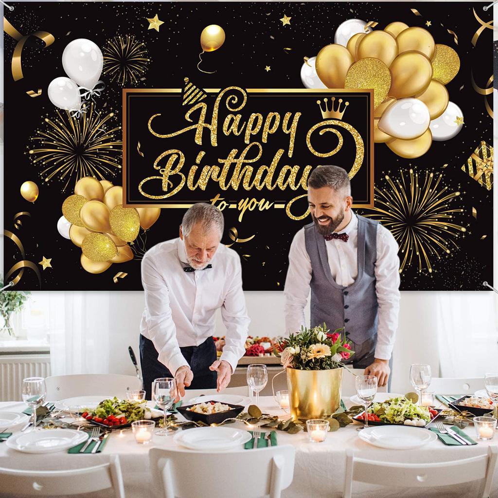Striscione Per 18° Compleanno Nero Oro 300x50 Cm - Decorazione Da Parete In Tessuto Con Palloncini E Stelle, Per Feste Ragazze E Ragazzi, Include Corda