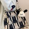 Korean Cute Rabbit Print Tote Bag Women Black White Color Block Large Capacity Shoulder Bag Ladies Canvas Fashion Underarm Bags