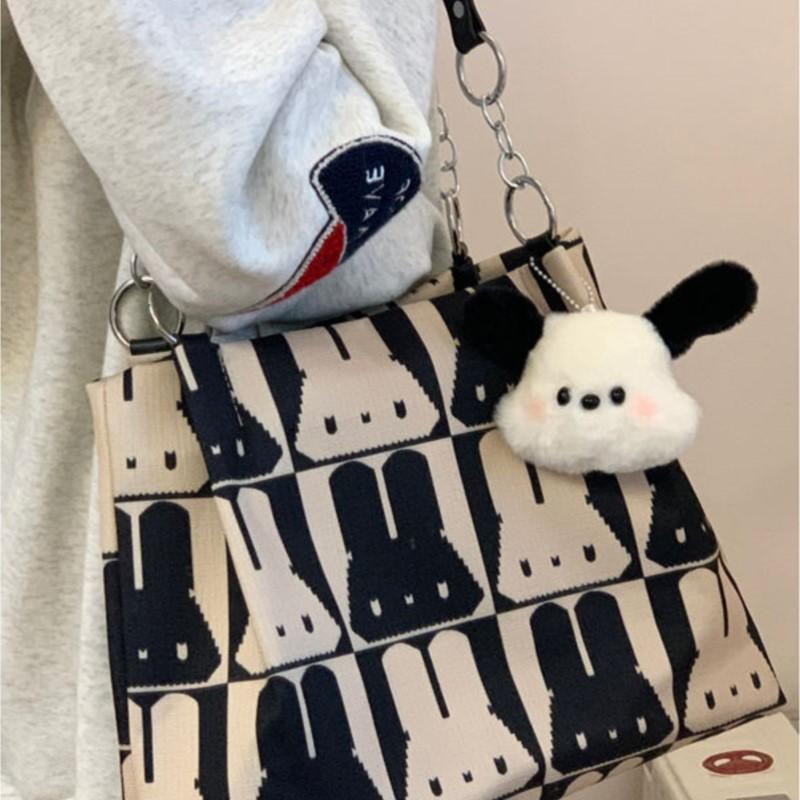 Korean Cute Rabbit Print Tote Bag Women Black White Color Block Large Capacity Shoulder Bag Ladies Canvas Fashion Underarm Bags