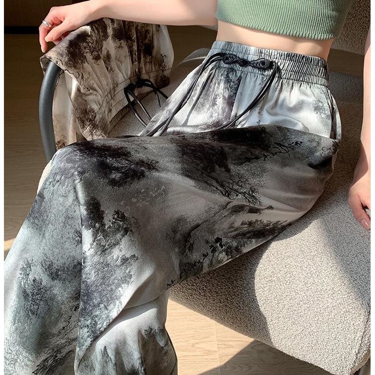 New Arrival Chinese Style Pants for Women's In Summer High Waist Draping Ink Painting Wide-leg Pants To Make Them Look Slim Straight Pants