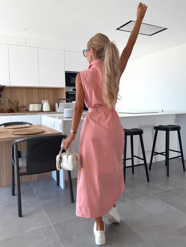 European & American Style Sleeveless Tie-Waist Denim Dress