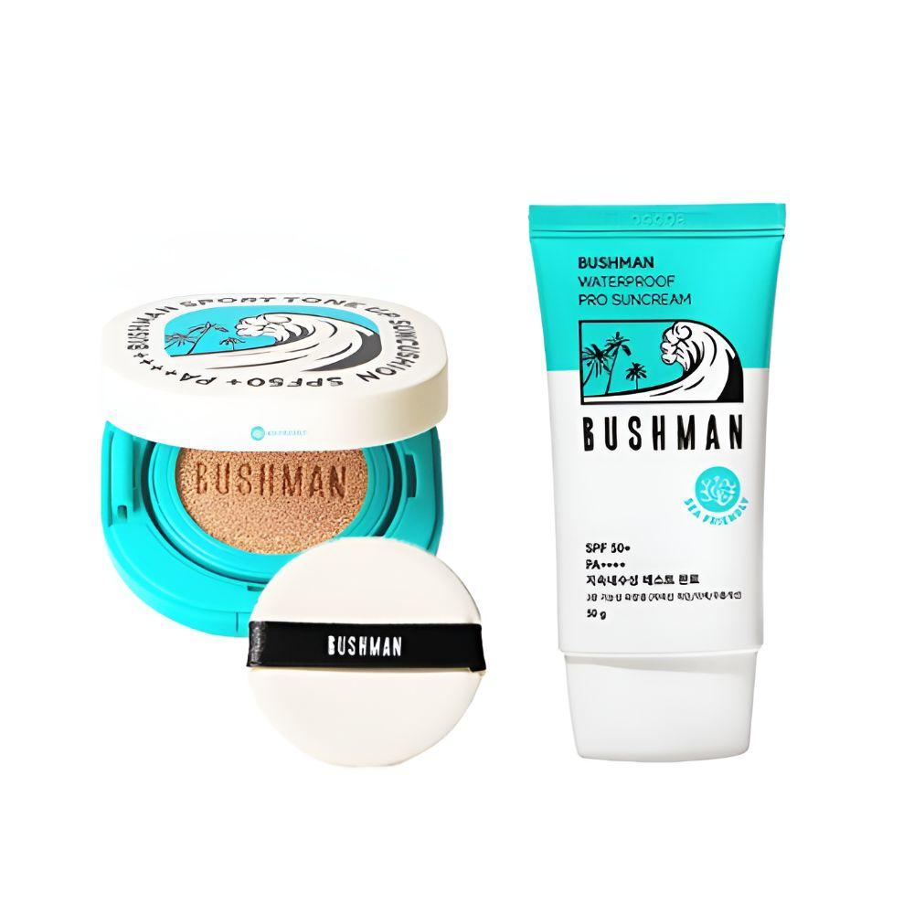 BUSHMAN Sports Tone-Up & Shield Sun Care Set - Tone-Up Sun Cushion 15g + Pro Sunscreen 50ml SPF50+ PA++++