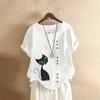 Summer Oversized Cotton and Linen Short-sleeved T-shirt, Cotton and Linen Cat Printed Oversized Women's Clothing
