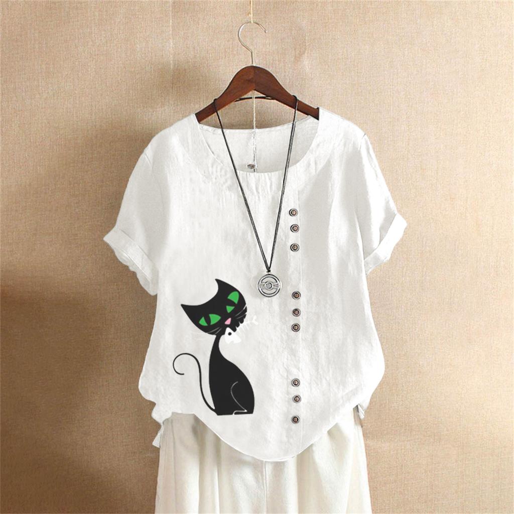 Summer Oversized Cotton and Linen Short-sleeved T-shirt, Cotton and Linen Cat Printed Oversized Women's Clothing