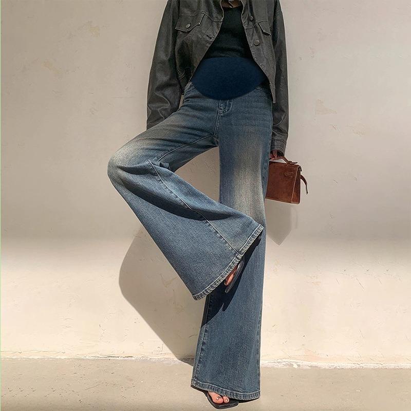 1 Pregnant women's autumn trendy retro blue jeans elastic flared pants, loose floor-mopping trousers for abdominal wear