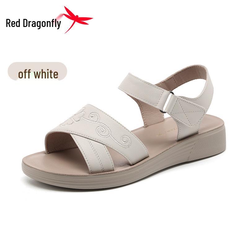 Red Dragonfly Women's Genuine Leather Outdoor Flat Sandals for Middle-Aged Mothers - 2026 Summer Collection