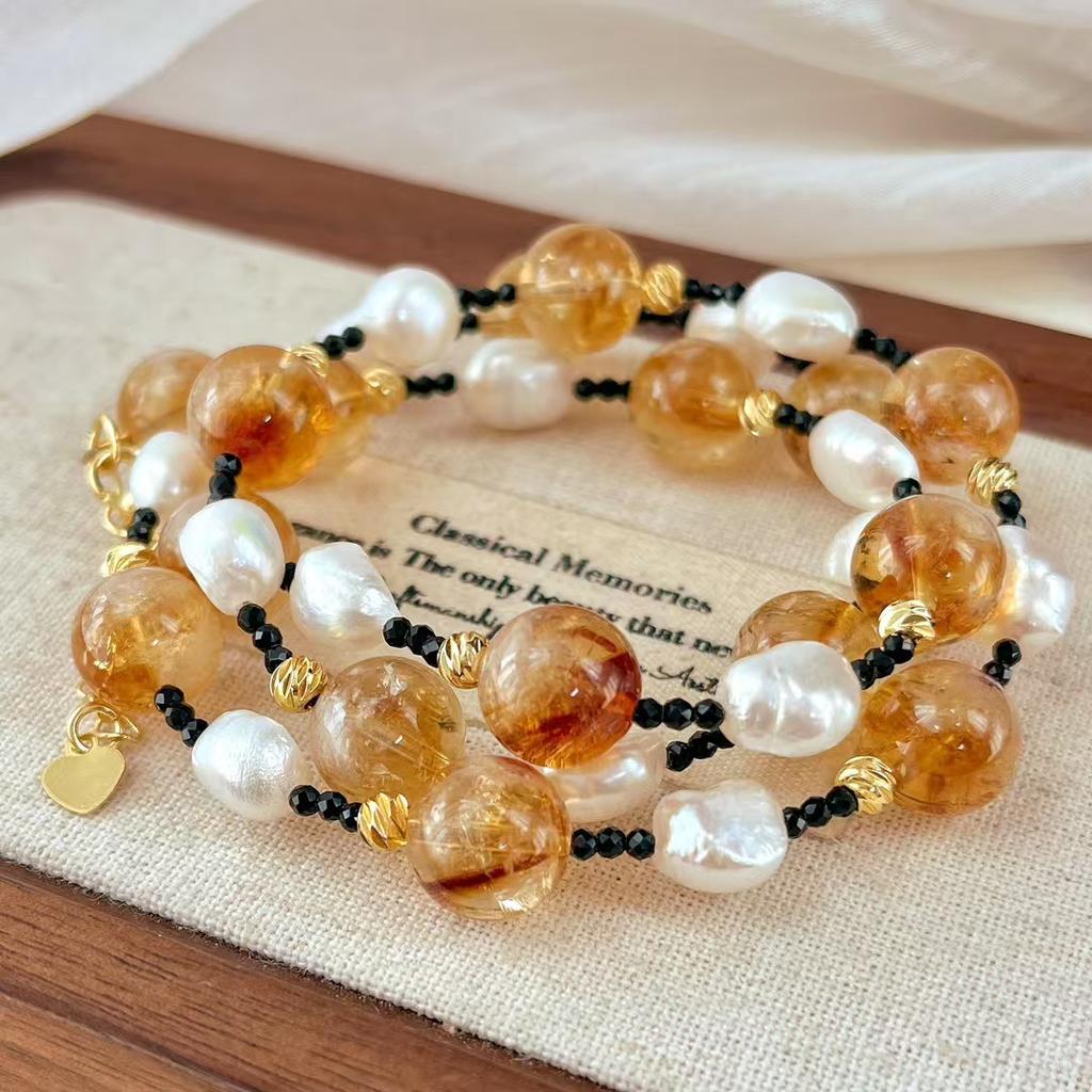 Vintage High Quality Natural Freshwater Pearl Citrine Contrasting Color Design Necklace Collarbone Chain