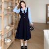 2025 Autumn/Winter College Style Patchwork Doll Collar Waist-Cinched Slimming Skirt