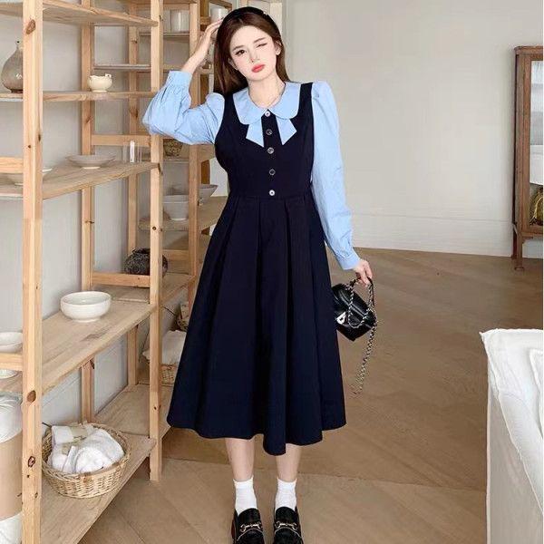 2025 Autumn/Winter College Style Patchwork Doll Collar Waist-Cinched Slimming Skirt