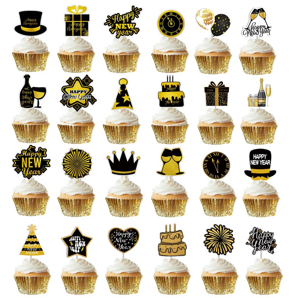 12/24pcs 2025 Happy New Year Cupcake Toppers Hello 2025 Cake Picks New Years Eve Party Supplies Welcome 2025 New Year Cake Decor