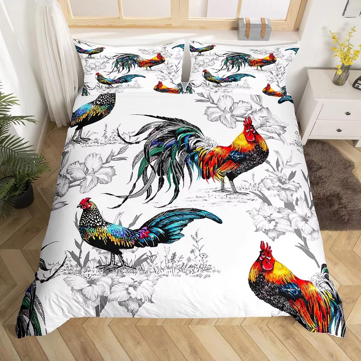 

Rooster Duvet Cover Set Twin King Size,Watercolor Chicken Farmhouse Animal Bedding Set For Kids Boys Girls Floral Quilt Cover EU Single(135x200cm)