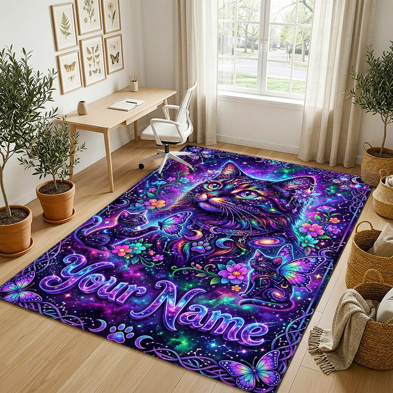 Cat Theme Crystal Velvet Rug Personalized Custom Name Text Soft Floor Mat Home Decor
