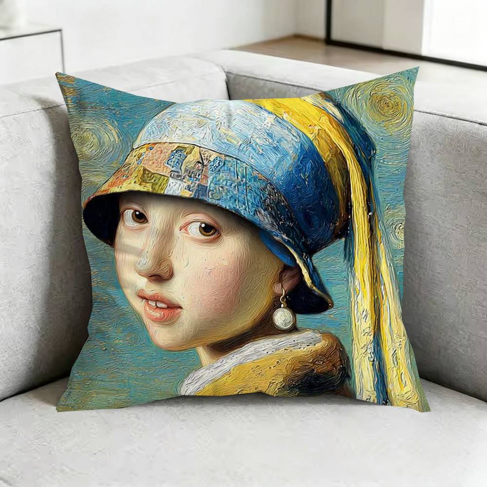 Girl With A Pearl Earring V-Vermeer Square Double-Sided printed Pillow Case Bedroom Bedside Pillow Sofa Cushion Cover Gift