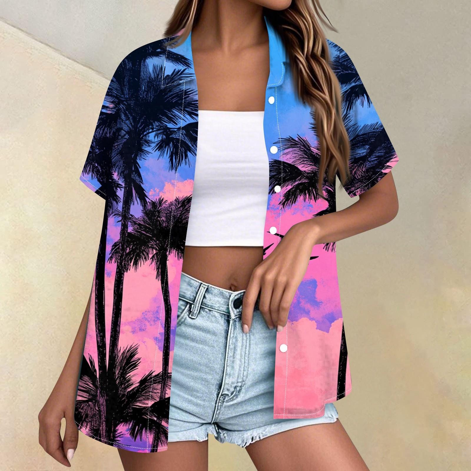 

Женская мода повседневная рубашка с коротким рукавом и лацканами на пуговицах S