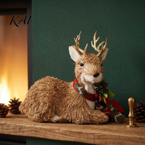 Rustic Festive Home Decor Handmade Straw Deer/Squirrel Christmas Ornaments with Scarf, Retro Pastoral Style Handcrafted Seasonal Gift Items