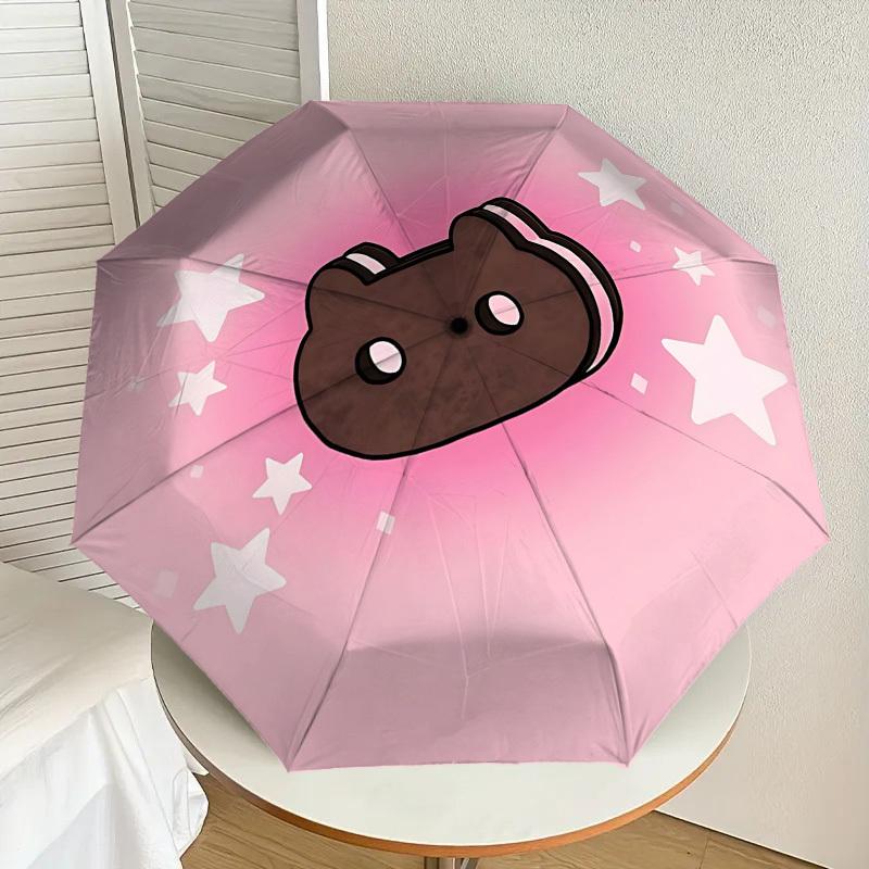 1pc Cookie Cat Automatic Folding Umbrella 8 Rib Iron Frame, Compact Portable Umbrella Suitable for Travel, Daily Use, Birthday, Women & Men Gift 035