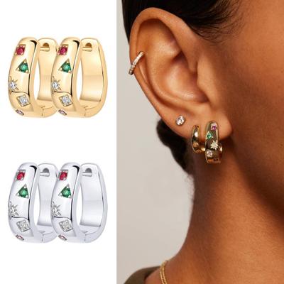 1 Pair Huggie Earrings Multi-shaped Colorful Rhinestone Polished Metal U-Shaped Lightweight Ear