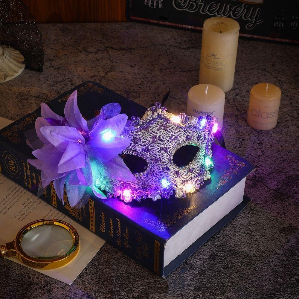 

Lace LED Glowing Mask Half Face Mask Venice Masquerade Mask Feather Flower Mask Party Supplies фиолетовый