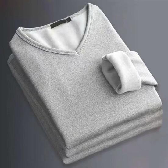 Men Thermal Shirt Fall Winter Base Layer Shirt Fleece Lined V-Neck Pullover Solid Color Warm Long Sleeve Tee Shirt for Daily Wear Sports