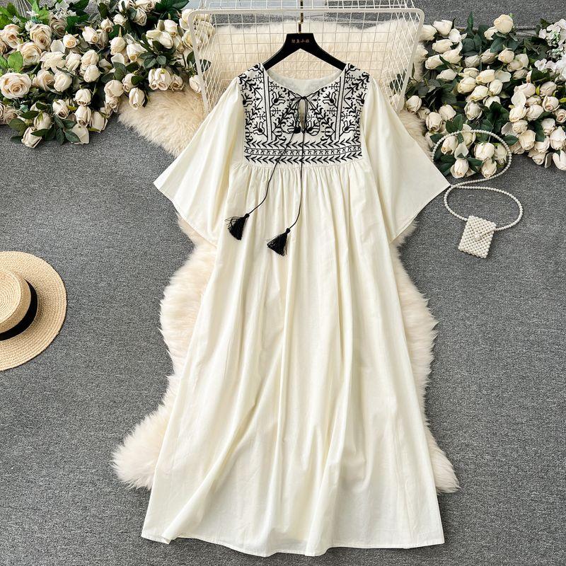 Women's Clothing Retro Belly Covering Slim Looking Dress Embroider