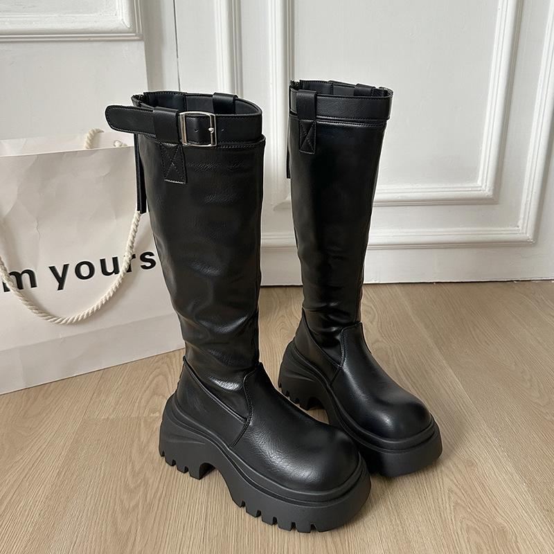 

[Fanfna] 2025 autumn new Martin boots women s knee boots thick-soled muffin small knight boots 40 чёрный