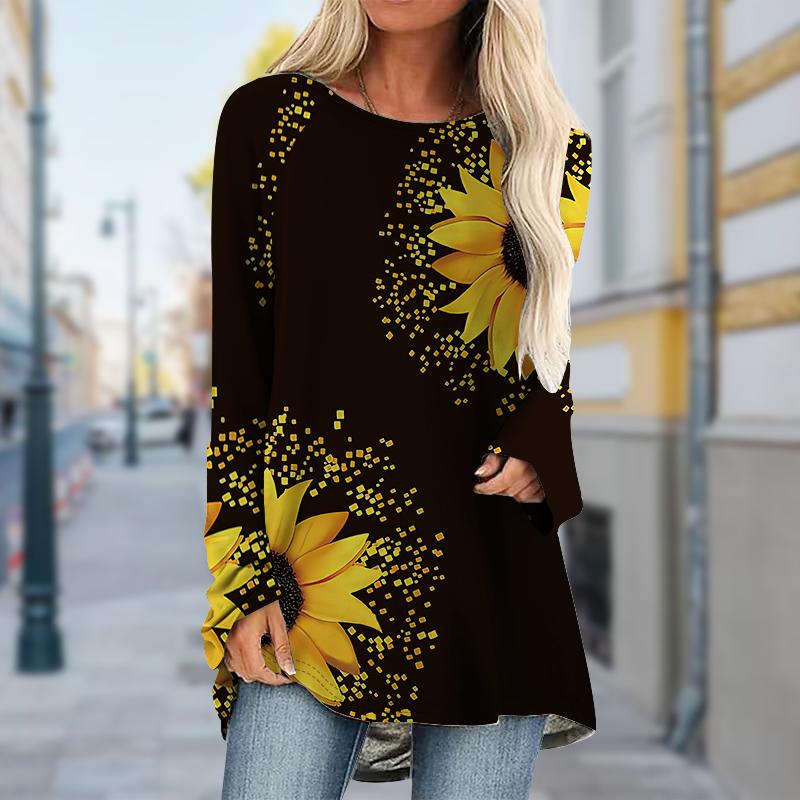 

Плюс размер Женская осенняя белая футболка с принтом подсолнухов, удобная, с длинным рукавом и круглым воротником, повседневные мешковатые футболки средней длины 8XL чёрный