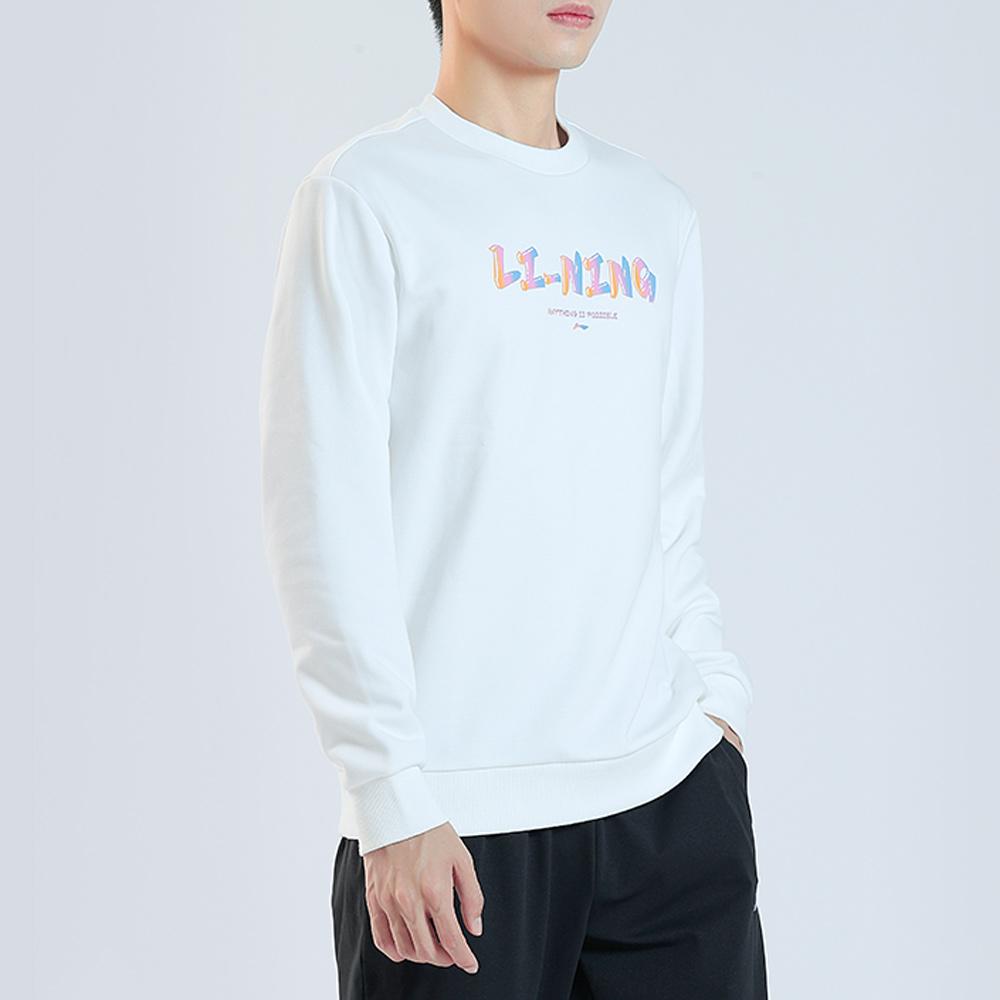 Li Ning Plain Round Neck Logo Casual Knitted Sports Sweatshirt Without Hood Fleece Long Sleeve Unisex sweatshirt White AWDTE03-2