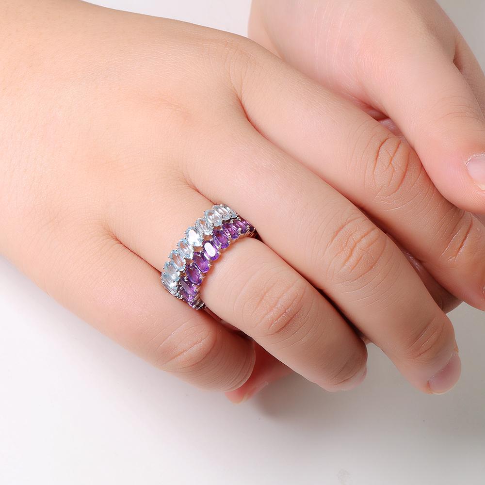 Pierścionek Elernality srebrny pełen kolorowych kamieni szlachetnych: naturalny błękitny topaz, ametyst, zielony agat owalny 3*5mm prosty pierścień